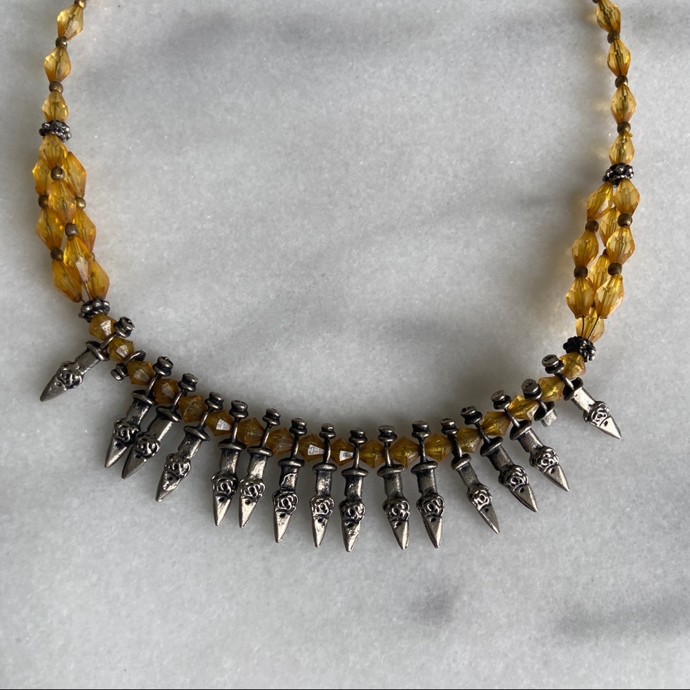 VINTAGE • Bohemian Vamp Spiked Beaded Necklace Hippie Savage Yellow Silver Tone - Picture 2 of 8